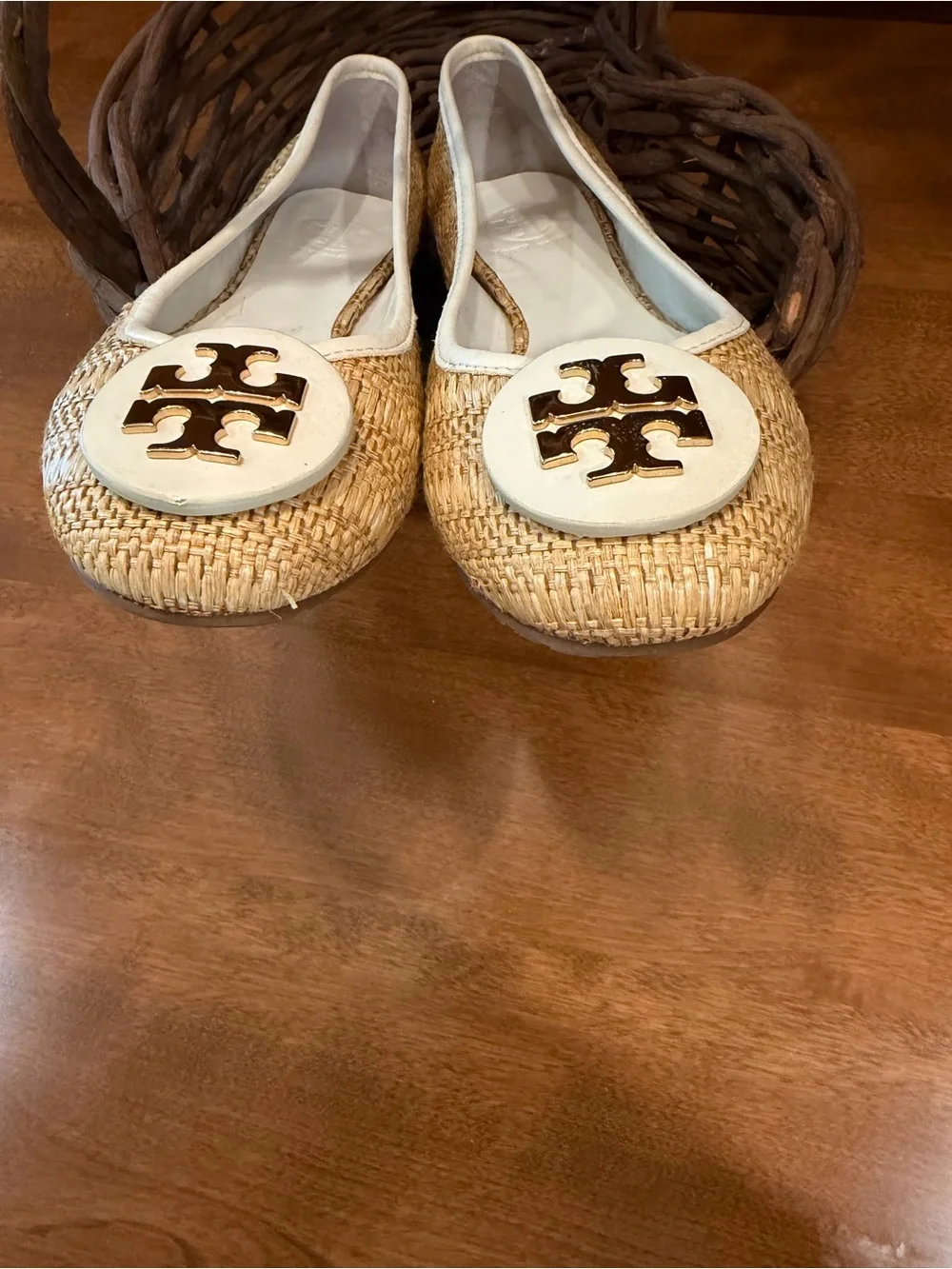 Tory Burch Natural Raffia Flats with White Trim and Gold Logo